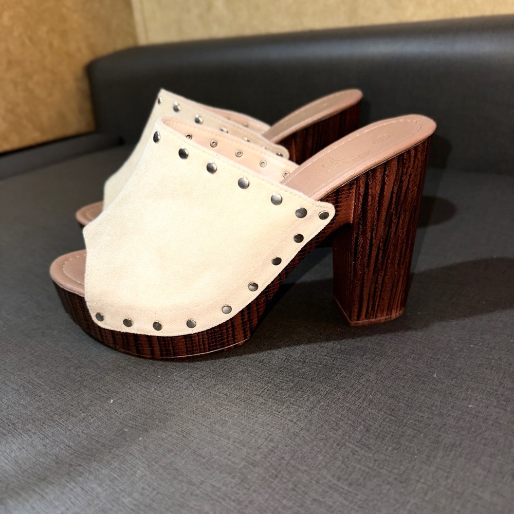 Cream and Brown Studded Mules with Wooden Heel